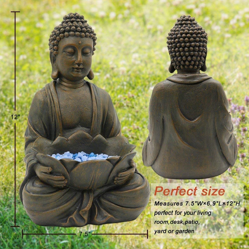 Goodeco 12" Meditating Buddha Statue Figurine w/Lotus - Zen Garden Statues for Indoor/Outdoor Decor- with Magical Glow in Dark Pebbles & Glass Stones, Ideal Gifts for Home (Brown) - Image 2